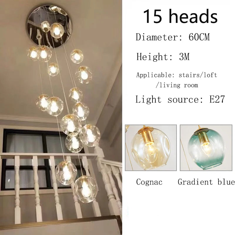 Modern Spiral Staircase Lighting Chandelier Crystal Glass Ball Lamp