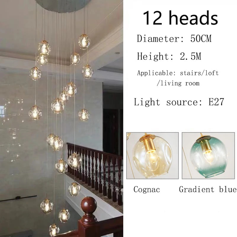 Modern Spiral Staircase Lighting Chandelier Crystal Glass Ball Lamp