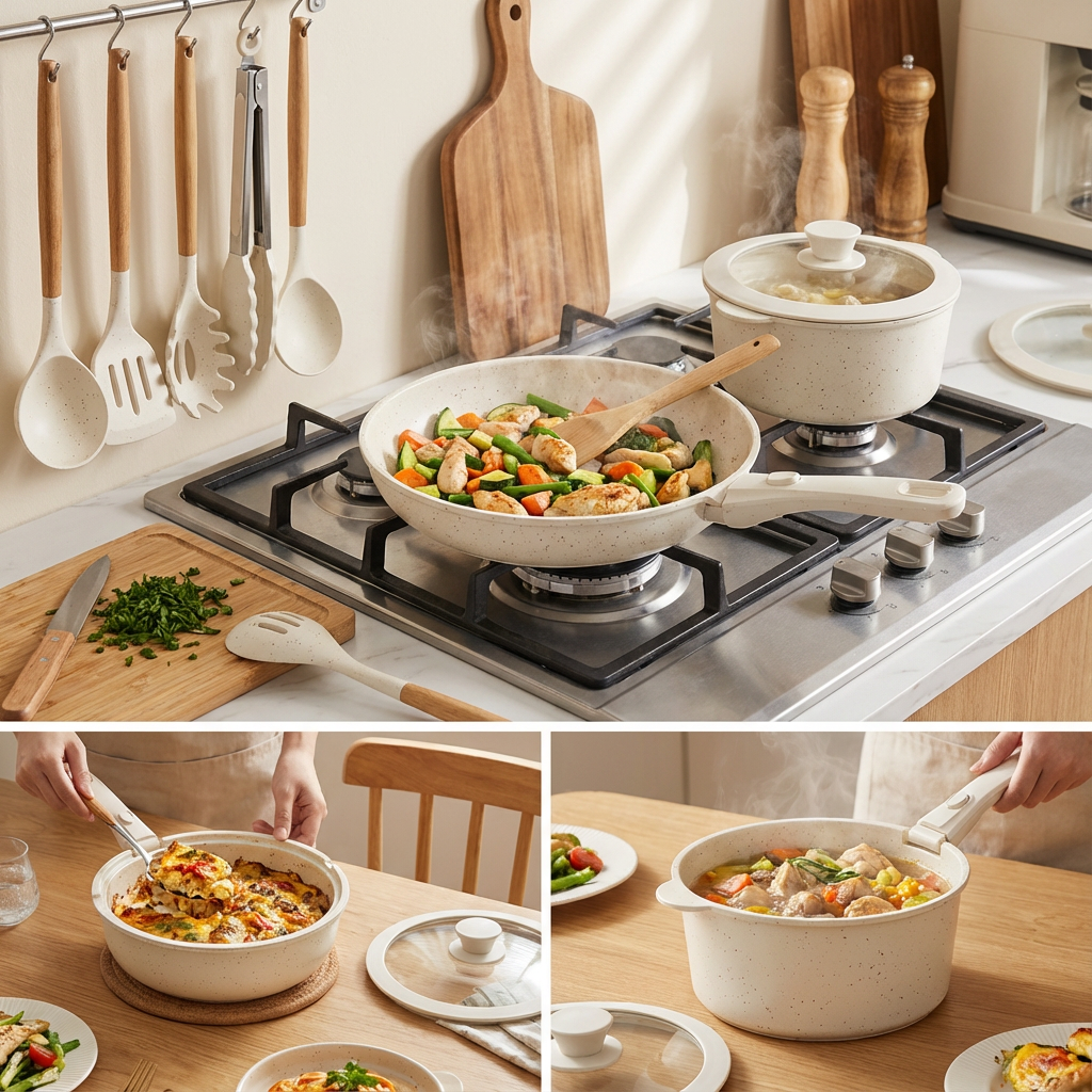 Detachable Handle Non-stick 21-piece Cookware Set Crème